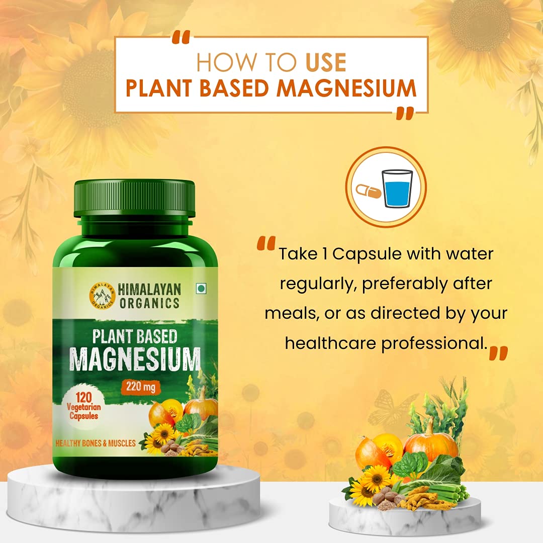 Himalayan Organics Plant Based Magnesium Supplement 1360mg With Turmeric Spirulina, Wheatgrass, Mori Bone Health | Boost Energy Level - 60 Veg Tablets