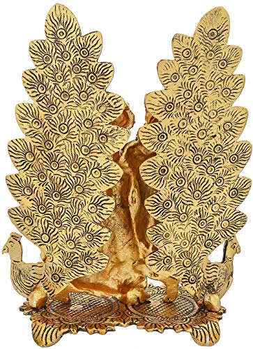 Collectible India Peacock Design Radha Krishna Idol Showpiece with Diya for Puja and Home Decor (8 x 6 Inches), Metal, Gold (1 Piece)