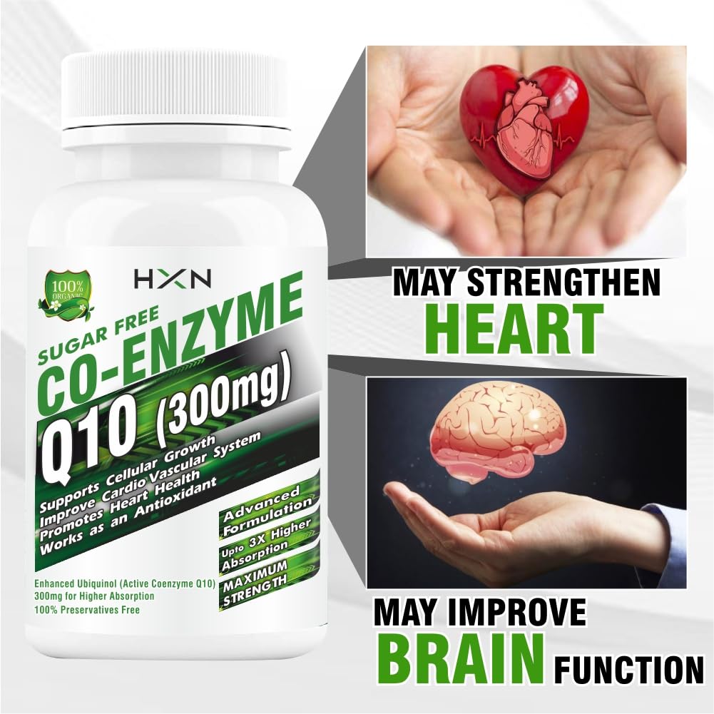 HXN coq10 Supplement, coenzyme q10 300mg As Ubiquinol With Omega 3, Alpha Lipoic Acid To Promote Heat Health, And High Energy Boost- 60 coq 10 Tablets