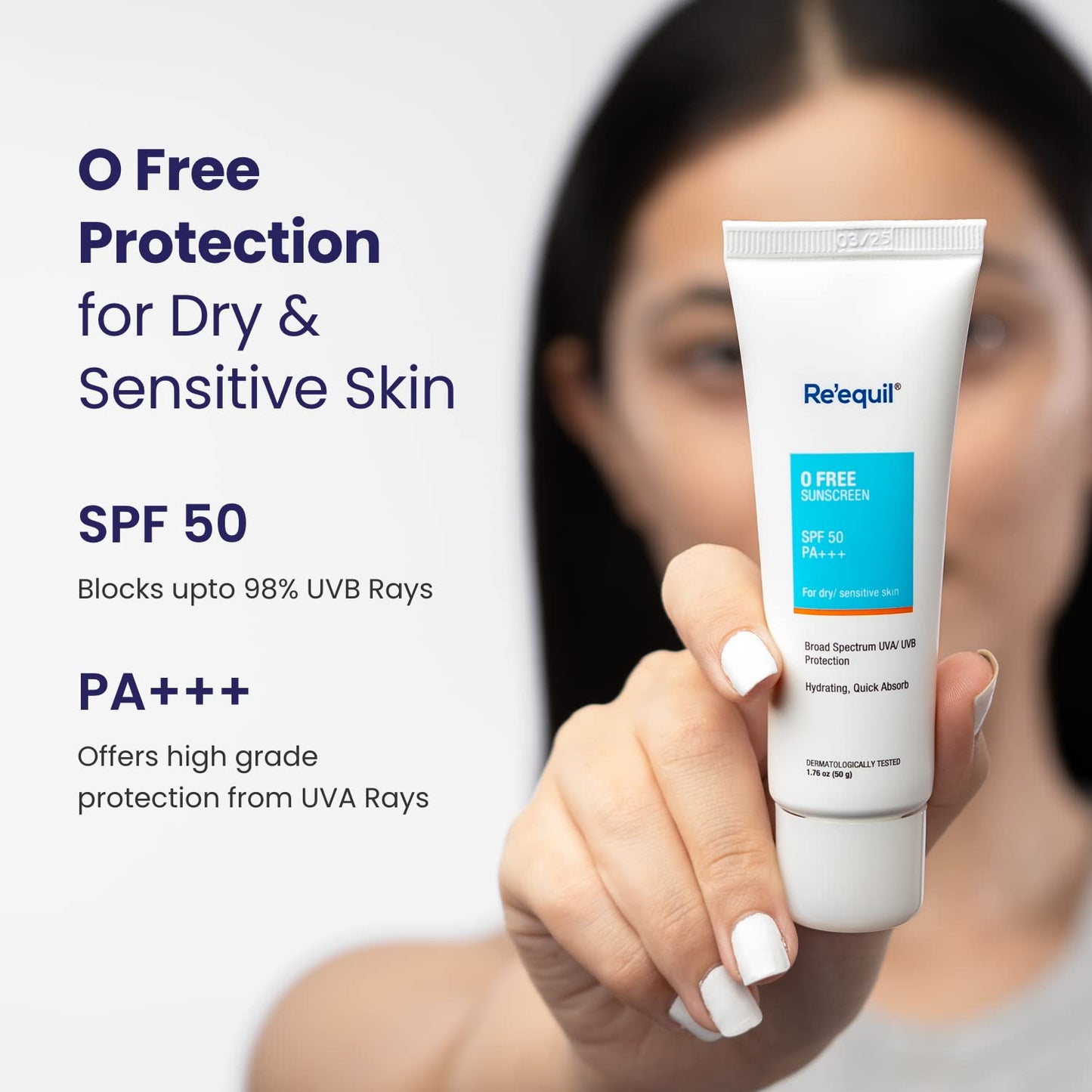 Re’equil O Free Sunscreen SPF 50 PA+++ | Broad Spectrum Sunscreen | For Dry & Sensitive Skin | 50g