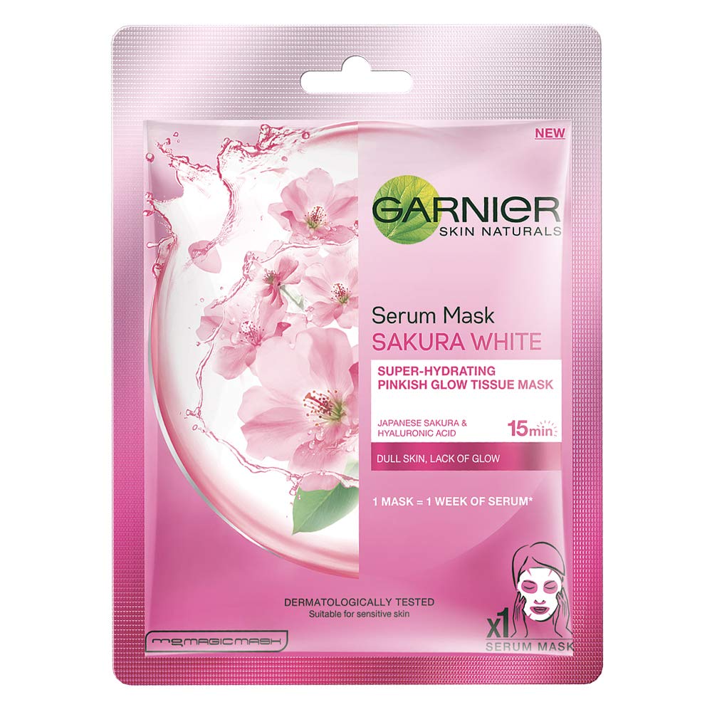 Garnier Skin Naturals, Sakura White, Face Serum Sheet Mask (Pink), 32g and Garnier Light Complete VITAMIN C Booster Face Serum 30 ml