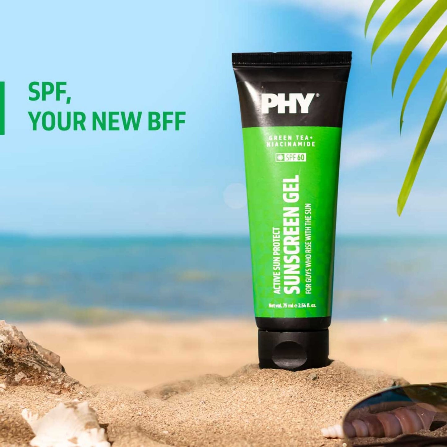 Phy Active Sun Protect Sunscreen Gel | SPF 60 | Green Tea + Niacinamide | Protects From Sun Damage &creen | Oily, Acne-Prone Skin | 100% Vegan | 75 ml