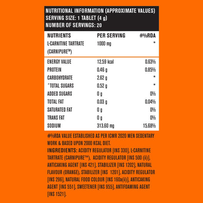 FAST&UP L-Carnitine Tartrate 1000mg (40 Effervescent Tablets,Orange Flavor), Carnipure Lonza Switzerand, helps convert fat into energy, Energy Booster