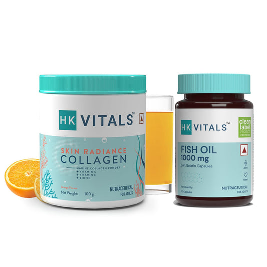 HealthKart HK Vitals Skin Radiance Collagen Powder (Orange, 100 g), Collagen Supplements for Women &00mg (180mg EPA & 120mg DHA), 30 Fish Oil Capsules