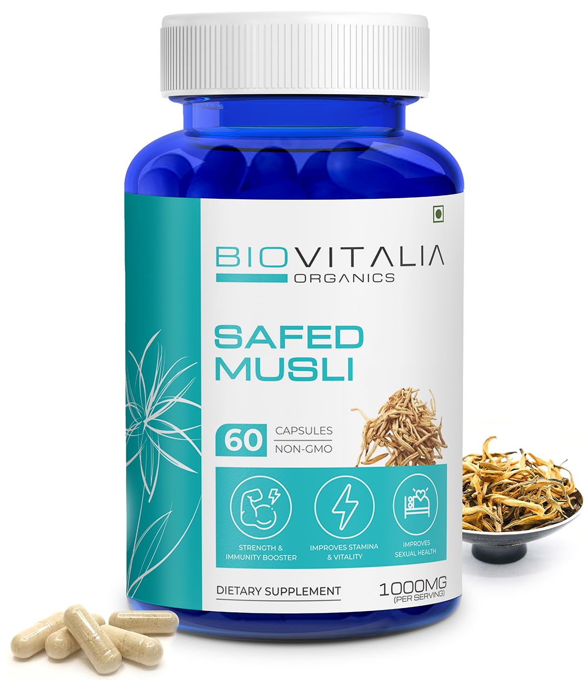 BIOVITALIA ORGANICS Safed Musli Extract 1000mg Capsules for Body Strength, Endurance & Energy | Immunity Booster | Gluten Free | Non GMO (60 Veg Caps)