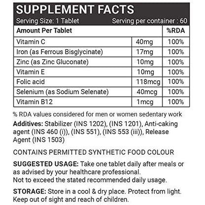 INLIFE Chelated Iron Folic Acid Supplement with Vitamin C, E, B12, Zinc & Selenium for Men Women - 60 Tablets (2 Pack)