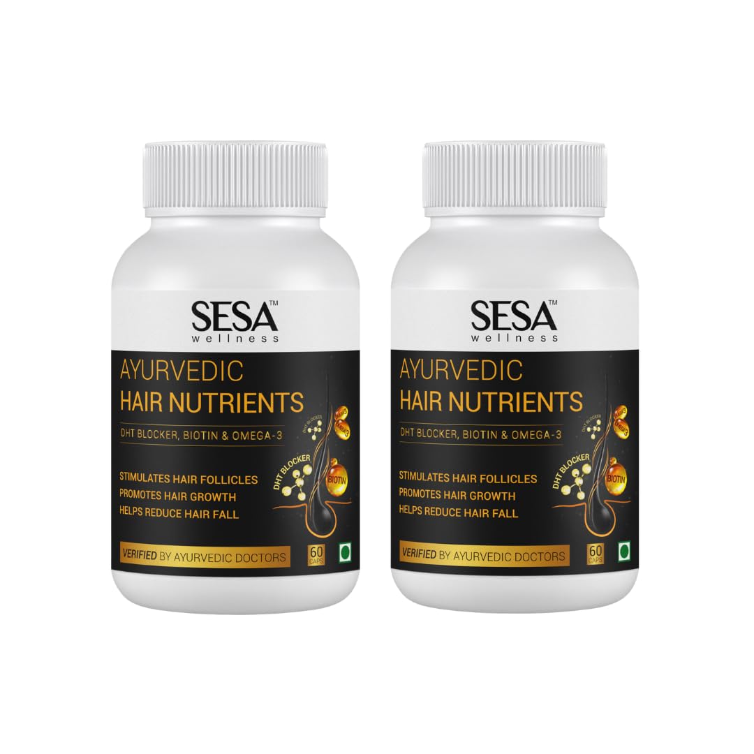 Sesa Ayurvedic Hair Nutrients 60 capsules (Pack of 2) - Plant based DHT Blocker, Biotin & Omega-3 | Controls Hair Fall & Stimulates Follicles