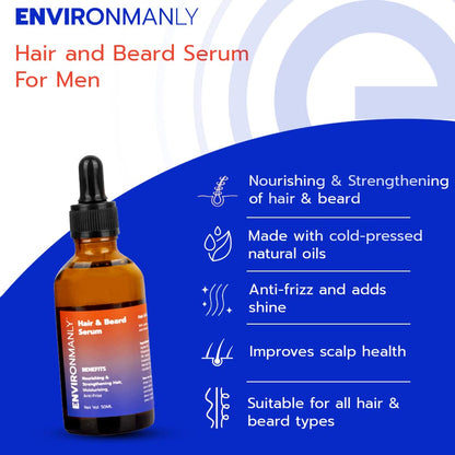 Environmanly Hair & Beard Serum For Men | 50 ml | Nourishes & Strengthens | Non-sticky | Anti-frizz All Hair & Beard Types | Eco-friendly | 100% Vegan