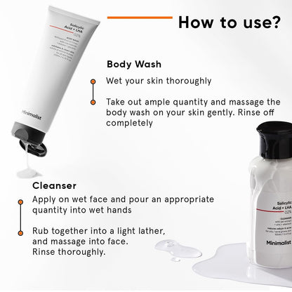 Minimalist Salicylic Acid Face Wash and Body Wash Combo | Anti Acne Cleanser + Shower Gel | Sulphate (SLS), Dye, & Fragrance Free