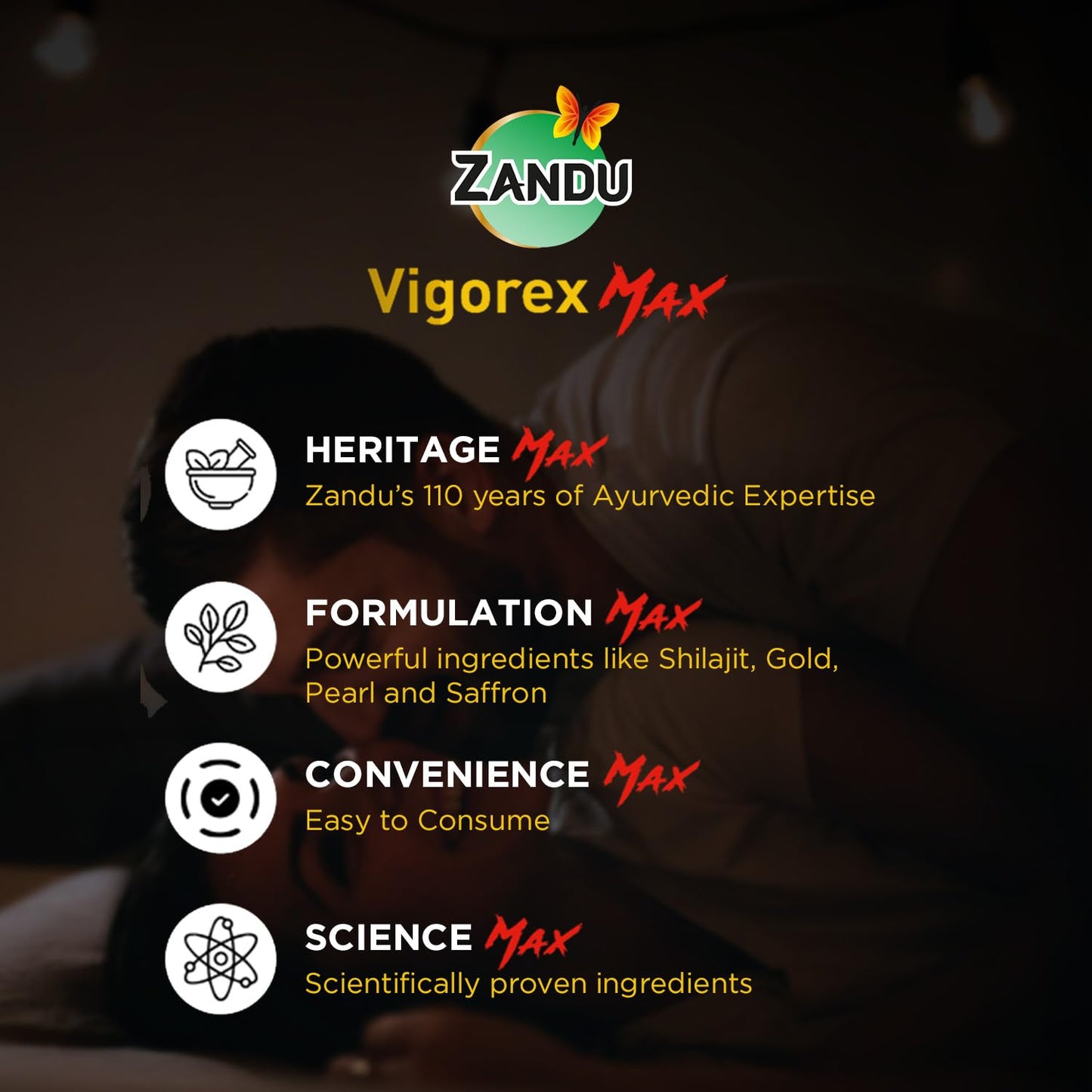 Zandu Vigorex MAX, 20 caps, enriched with Shilajit, Gold, Saffron, Pearl and Ashwagandha for intensity and energy