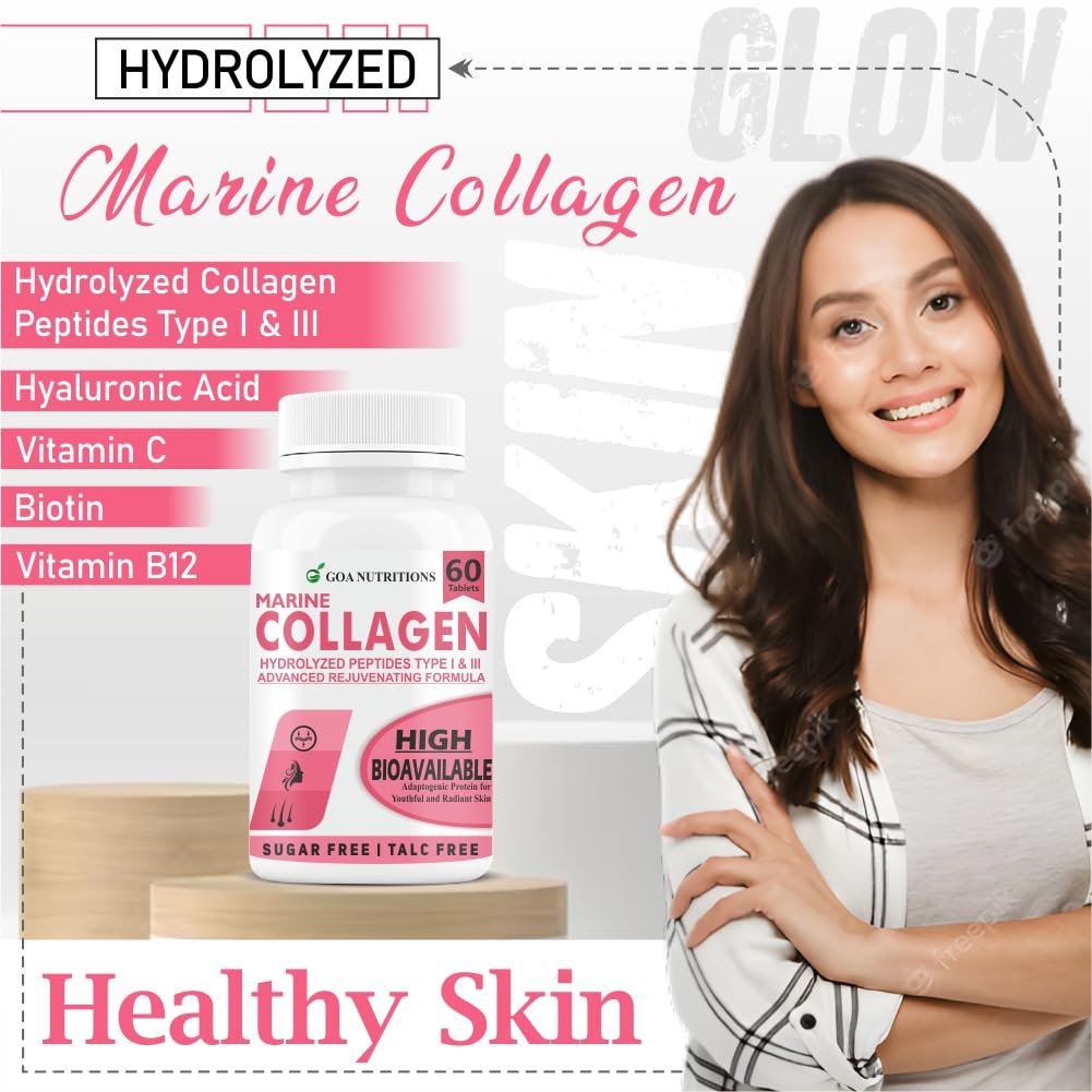 GOA NUTRITIONS Marine Collagen Powder for Skin, Hair Supplement for Men, Women with Hyaluronic Acid,lyzed Protein Peptide Builder -60 No Sugar Tablets