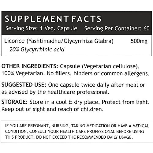 INLIFE Licorice Root Extract (Yastimadhu) Standardized to 20% Glycyrrhizinic Acid Supplement, 500 mg - 60 Veg Capsules