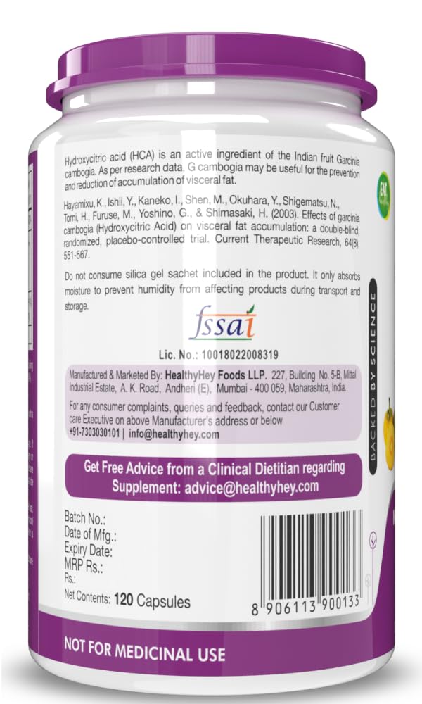 HealthyHey Nutrition Garcinia Cambogia with 70% HCA Extract- Triple Salt - Natural Appetite Suppressant - 400mg - 120 Veg. Capsules