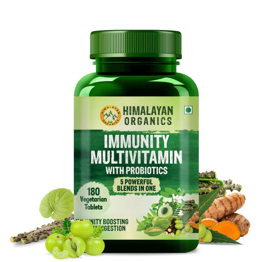 Himalayan Organics Immunity Multivitamin With Probiotics | B1,B2,B3,B5,B6,B12,A,E,k,D3,Zinc, Giloy, ood For Bone, Joints, Hair & Skin -180 Veg Tablets