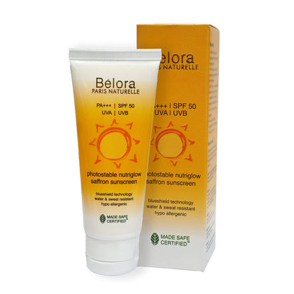 Belora Paris Naturelle photostable saffron sunscreen SPF 50 PA+++ | No Whitecast with Saffron & TurmBrightening | For Dry, Oily, Sensitive Skin - 50ML