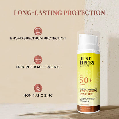 Just Herbs Tinted Sunscreen SPF 50+ PA++++ UVA/UVB Protection for Oily, Dry Skin, No White Cast for Men and Women - 30 ml