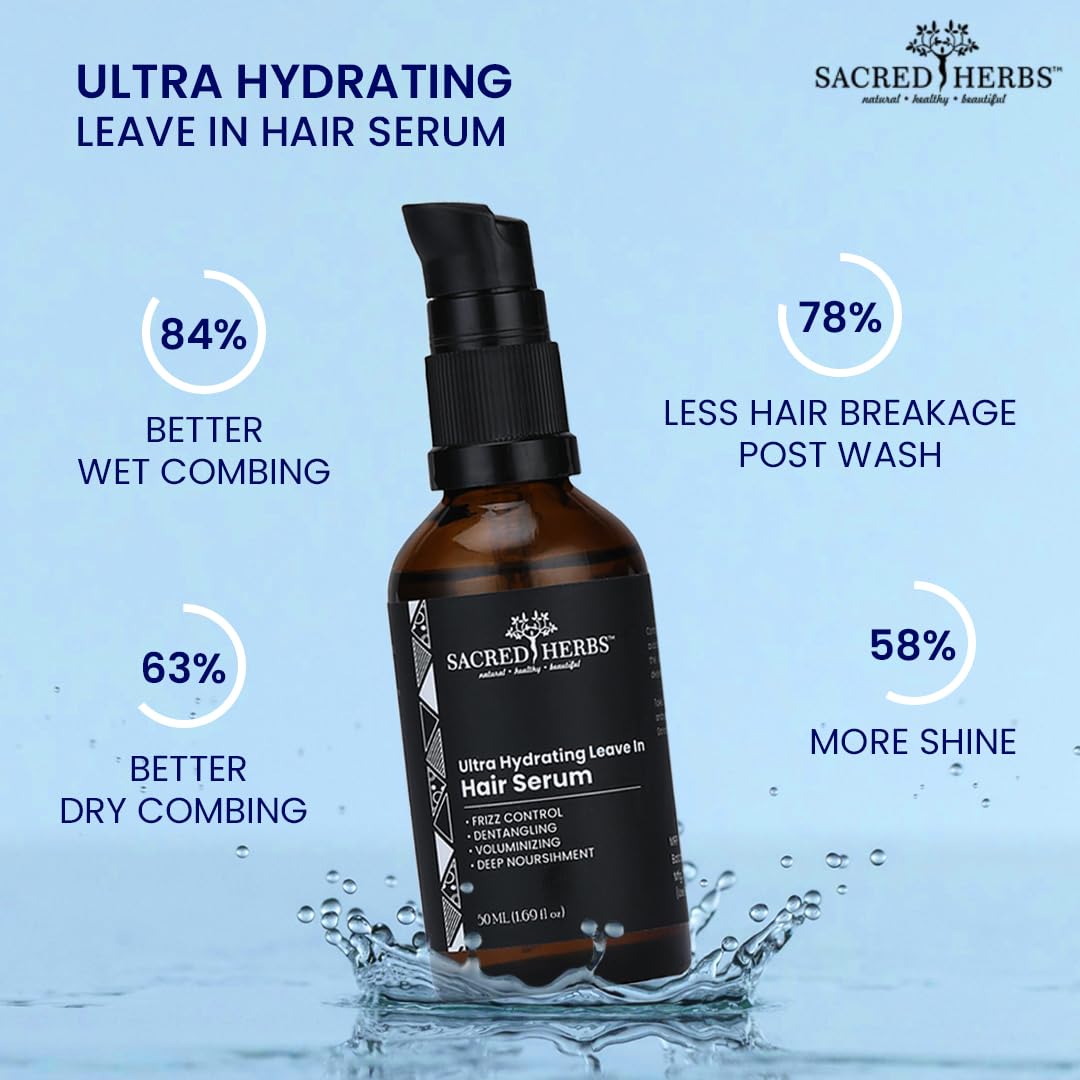 Sacred Herbs Ultra Hydrating Leave In Hair Serum (50Ml) | 100% Natural hair oil based serum for softssy, and frizz free hair | Paraben & Chemical Free