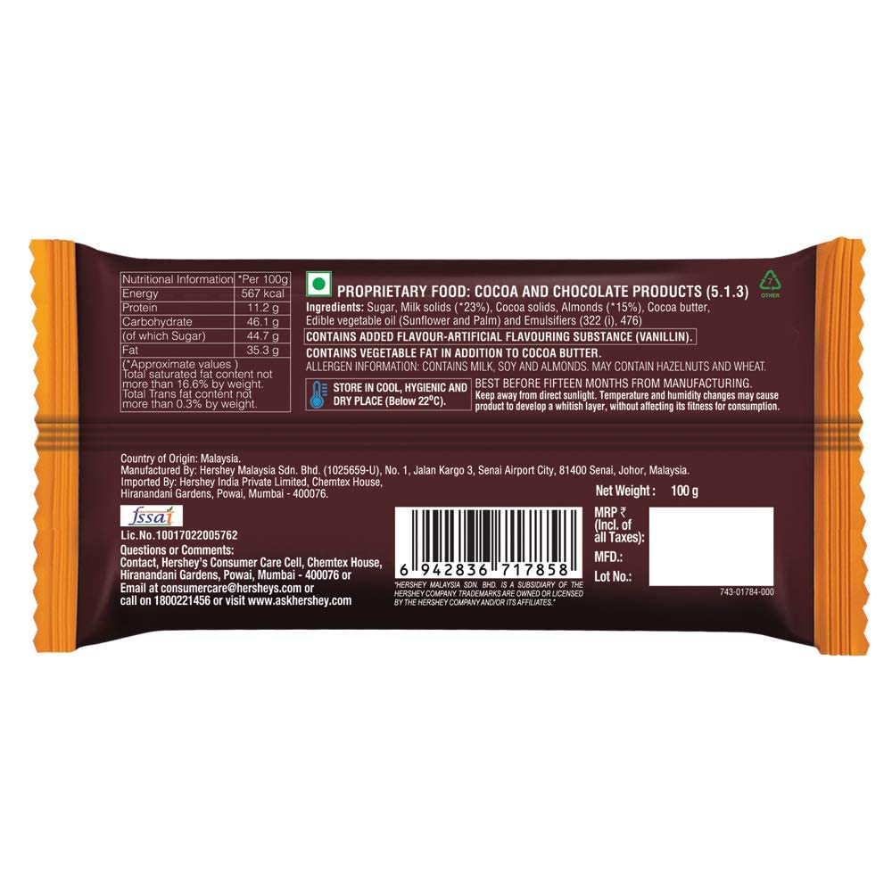 HERSHEY'S Whole Almonds Bar | A Crunchy Chocolaty Treat 100g - Pack of 2