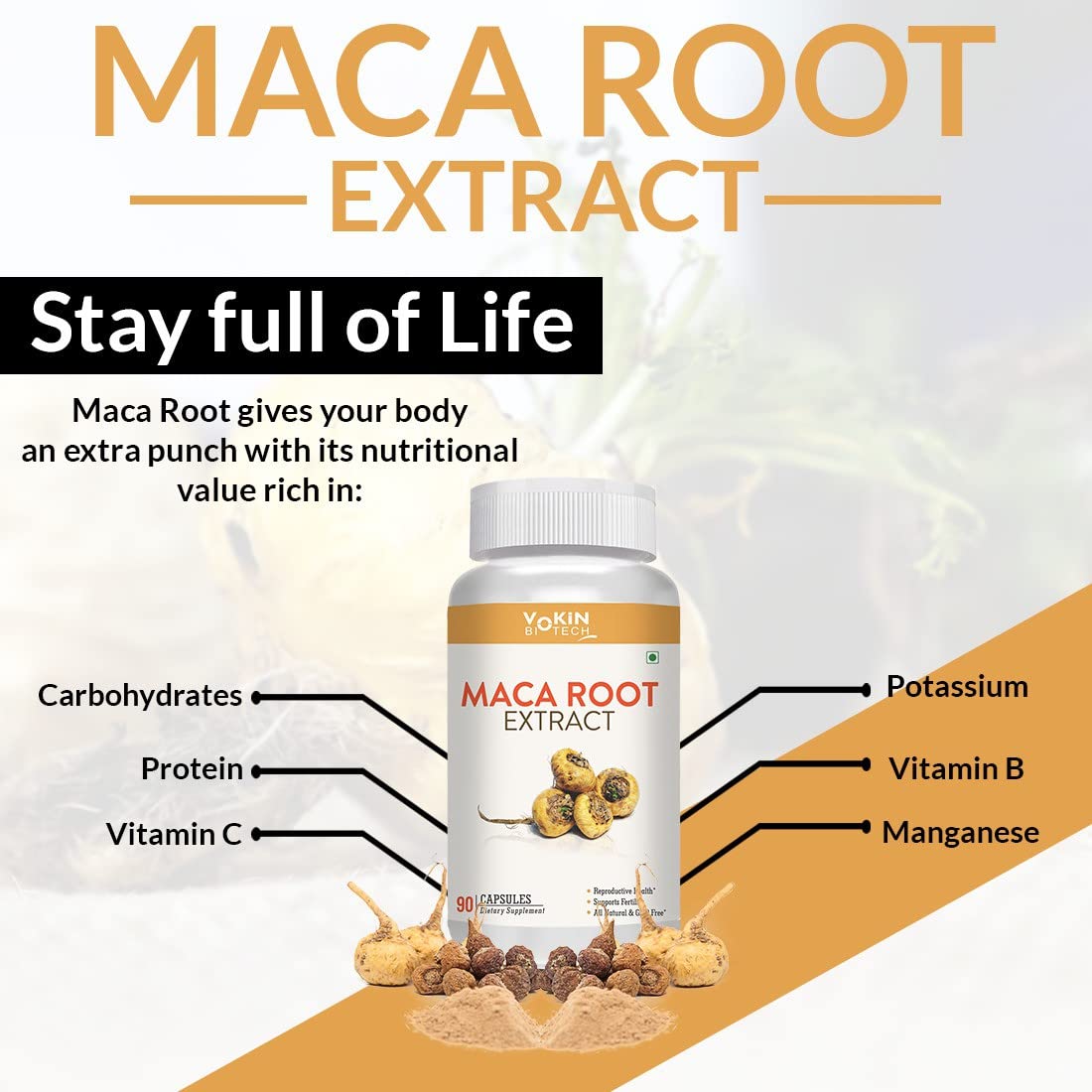 Vokin Biotech Maca Root Extract 800mg For Energy, Strength & Reproductive Health (90 Capsules)