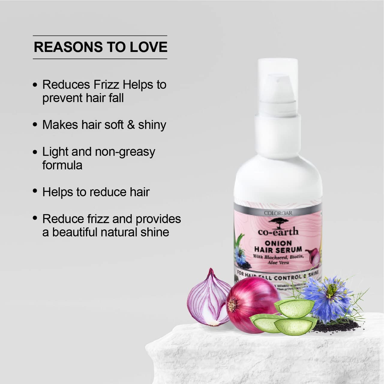 Colorbar Co-Earth Onion Hair Serum I Goodness of Red Onion & Black seed extracts I Light weight, non-greasy I Reduce breakage and promotes growth