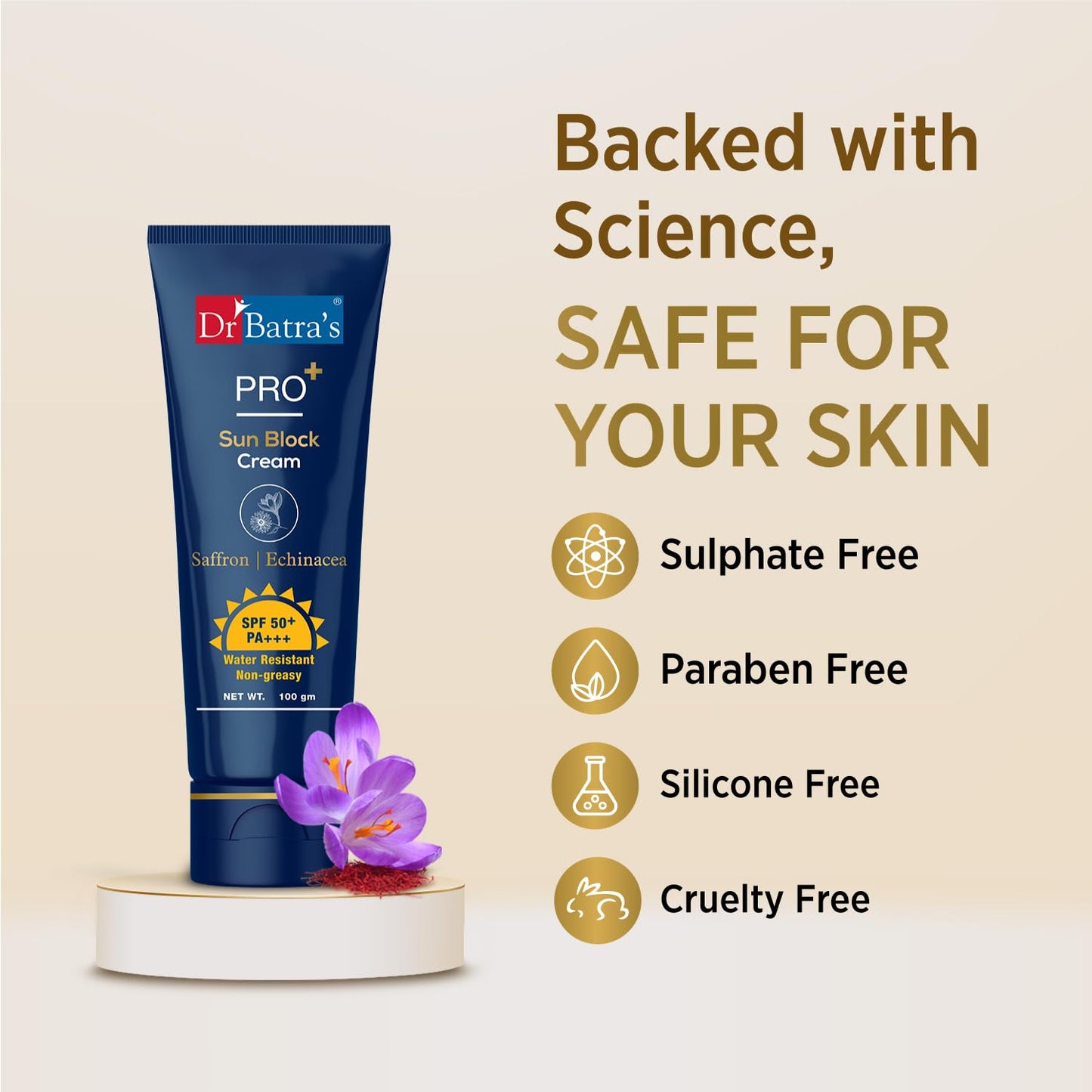 Dr Batra's Pro+ Sun Block Cream SPF 50++, Lightweight Enriched with Saffron and Aloe Vera -100 Gm