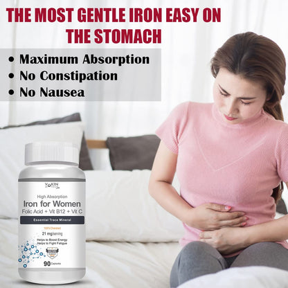 Vokin Biotech Iron Supplement for Women -100% Chelated - With Vitamin B12, Folic Acid & Vitamin C for High Absorption (90 Veg Capsules)