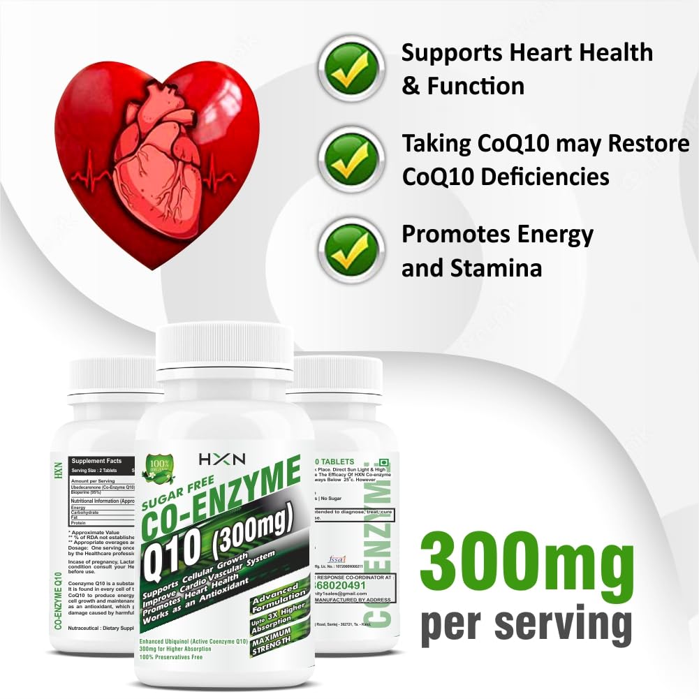 HXN coq10 Supplement, coenzyme q10 300mg As Ubiquinol With Omega 3, Alpha Lipoic Acid To Promote Heat Health, And High Energy Boost- 60 coq 10 Tablets