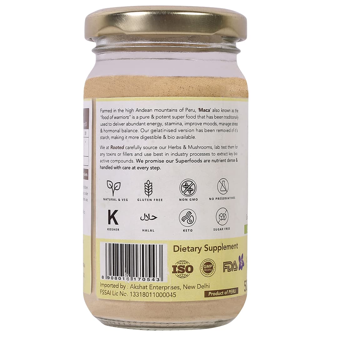 Rooted Actives Maca Root Extract powder (100 g) -Stamina, Virility, Hormonal support| Imported from Peru, Certified Organic, Gelatinised