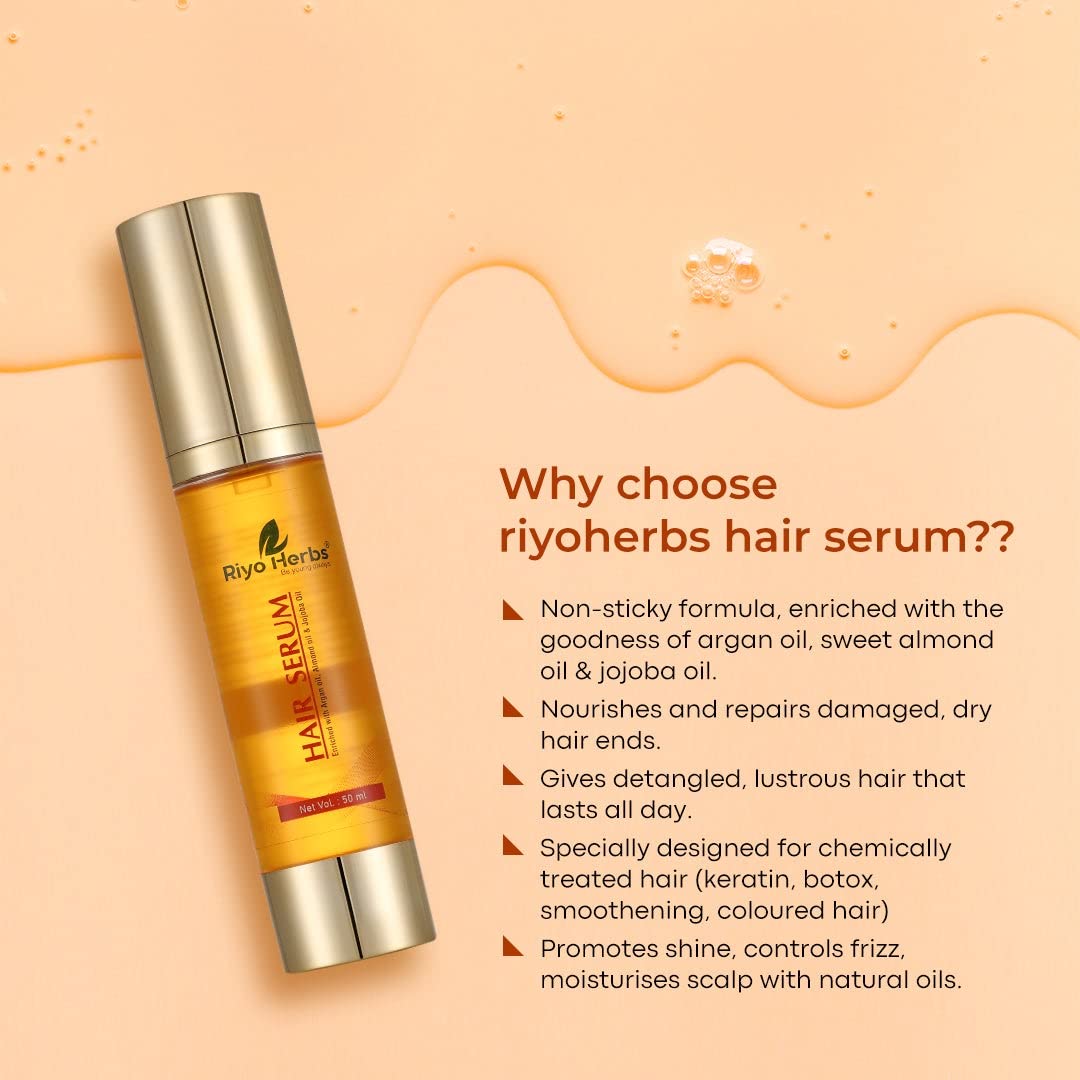 Riyo Herbs Hair Serum 50ml for Women & Men | Contains Argan Oil, Sweet Almond Oil & Jojoba Oil | For Regular Use Hair Serum for Damage & Dry Hair