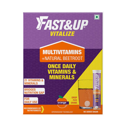 Fast&Up Vitalize Mutivitamin Supplements, One daily with Natural Beetroot Extract for Men and Women - 60 Effervescent Tablets - Orange Flavor