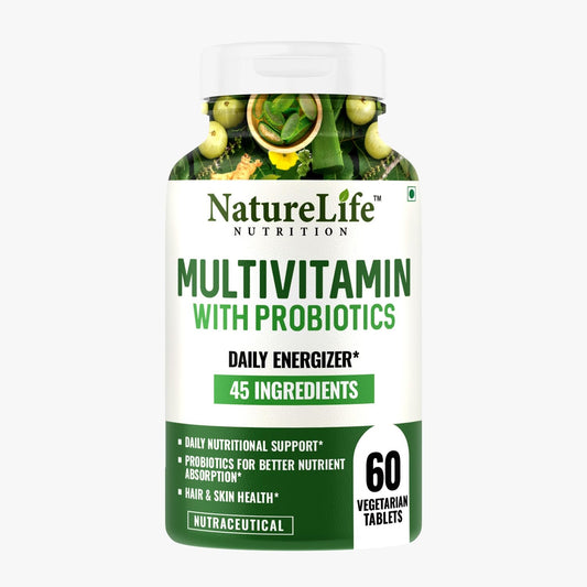 Nature Life Multivitamin With Probiotics - 45 Ingredients Supplement | Vitamin C, D, E, B3, B5, B12,Bone & Joint Support | Gut health - 60 Veg Tablets