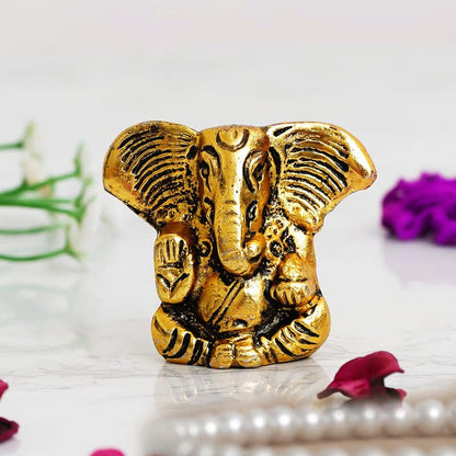 Metal Ganesh Idol, Handmade Small Ganpati Statue Murti, Diwali Gift Items (Golden, 4 CM Height)