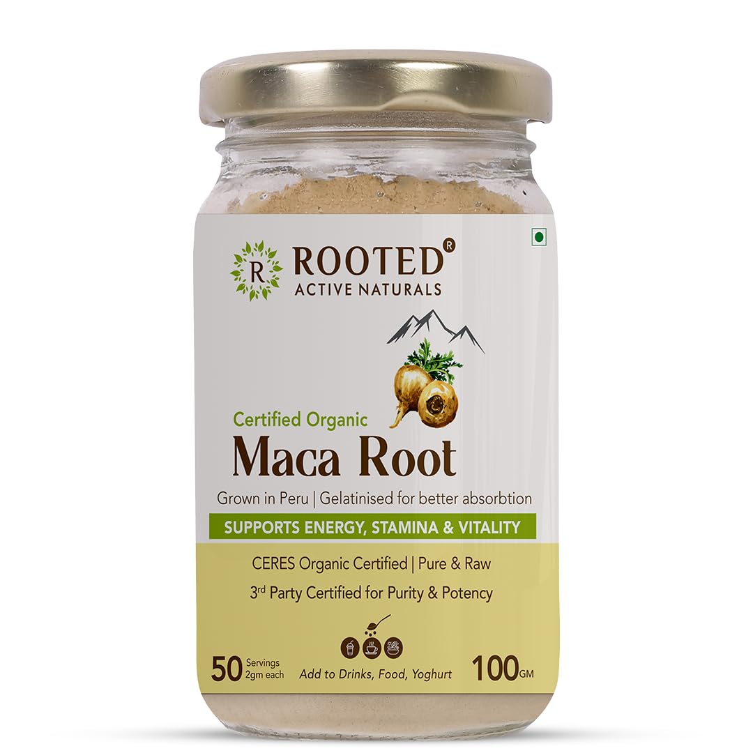 Rooted Actives Maca Root Extract powder (100 g) -Stamina, Virility, Hormonal support| Imported from Peru, Certified Organic, Gelatinised