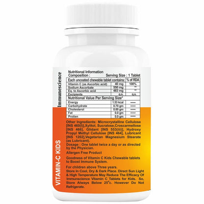 Immunescience Vitamin C Tablets For Kids with Zinc Supplements and Citrus Bioflavonoids, Immunity Borong Bones. Chewable Tablet Sugar Free-60 (orange)