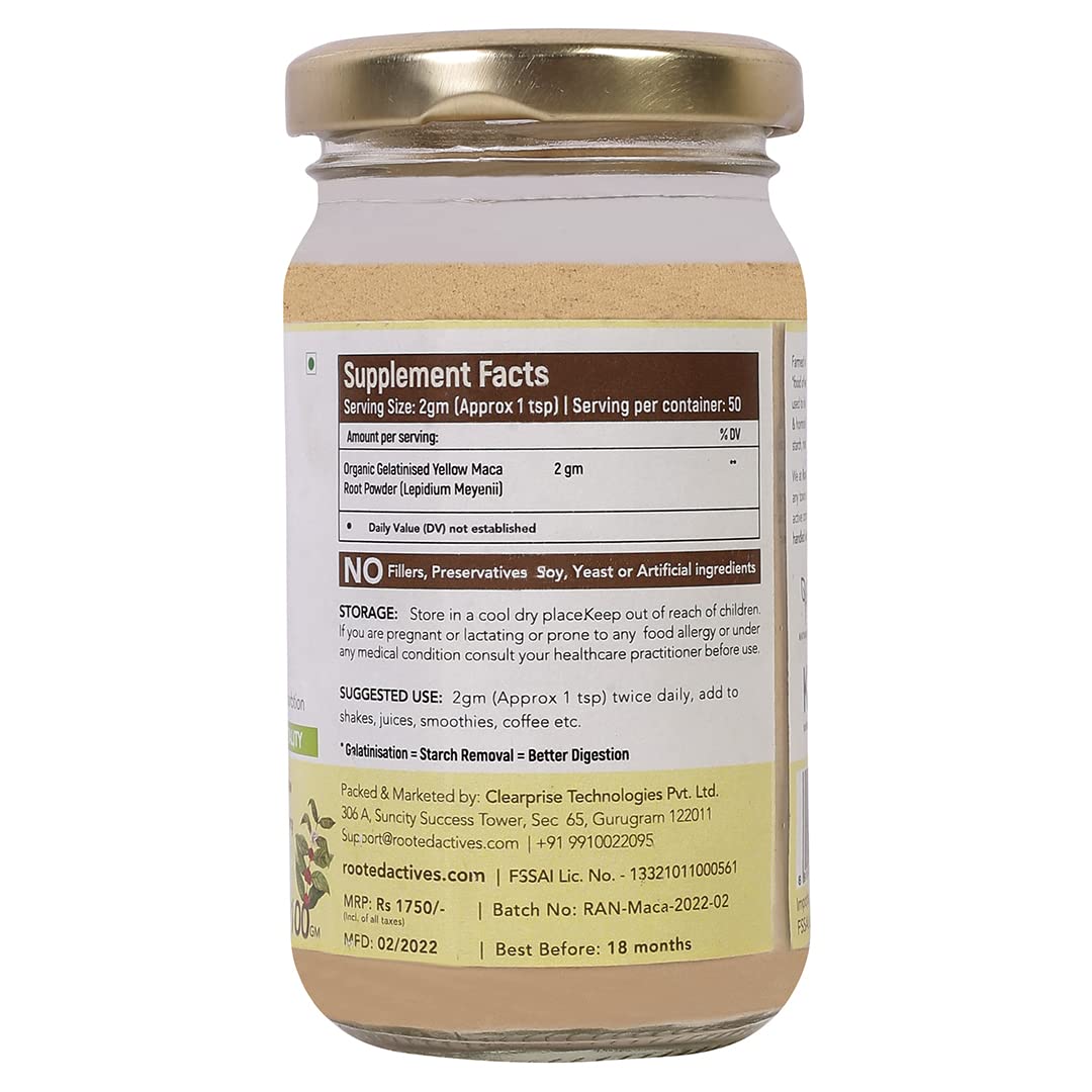 Rooted Actives Maca Root Extract powder (100 g) -Stamina, Virility, Hormonal support| Imported from Peru, Certified Organic, Gelatinised