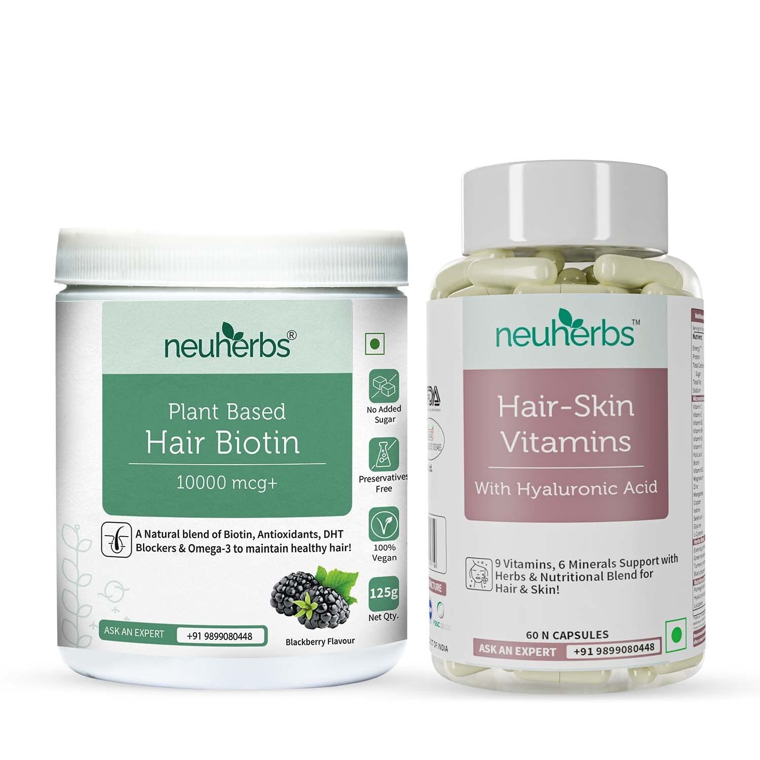 Neuherbs Plant based Hair Biotin 10000 mcg Sesbania -125 g + Hair Skin Vitamins Supplement, Biotin hs for hair growth -60 Capsules | For Men and Women