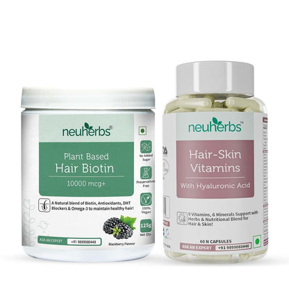 Neuherbs Plant based Hair Biotin 10000 mcg Sesbania -125 g + Hair Skin Vitamins Supplement, Biotin hs for hair growth -60 Capsules | For Men and Women