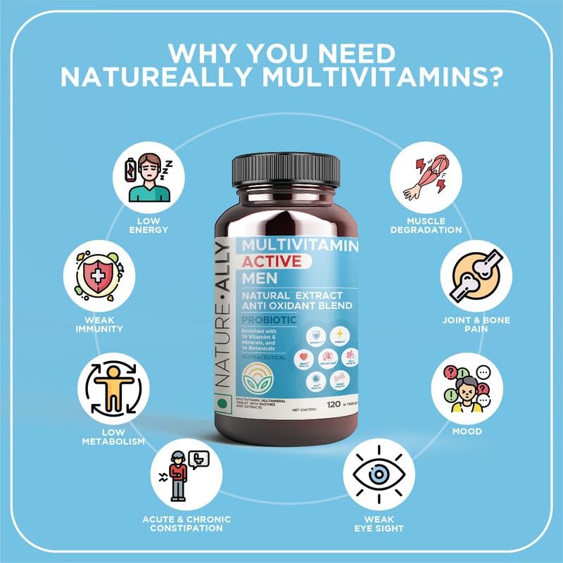 NATUREALLY MULTIVITAMIN ACTIVE MEN: 100% RDA 19 vitamin & minerals Value & 14 botanicals | PROBIOTICmunity, Gut, Bone, Eye, Heart Health (120 Tablets)