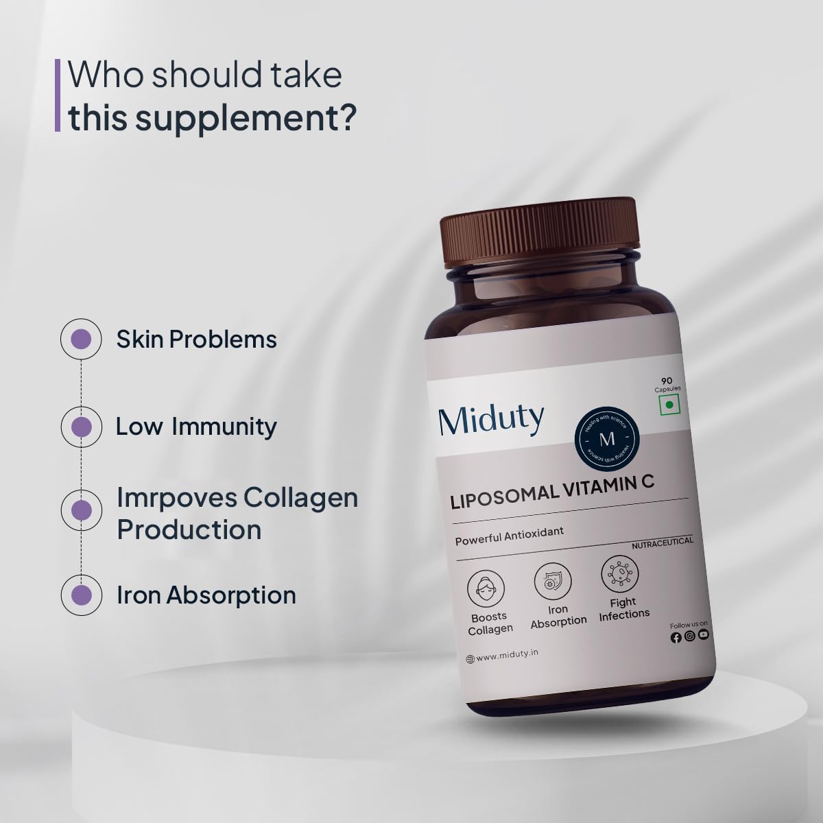 Miduty by Palak Notes Liposomal Vitamin C Supplement - Bioavailability - Antioxidant Vitamin - Skin ication - Zeal Technology - 180 Vitamin C Capsules