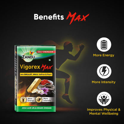 Zandu Vigorex MAX, 20 caps, enriched with Shilajit, Gold, Saffron, Pearl and Ashwagandha for intensity and energy