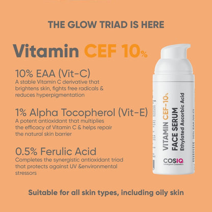 Cos-IQ 10% Vitamin C Face Serum With Vit E, & Ferulic Acid | Safe and Effective Skin Brightening Serum for Glowing Skin | 30ml