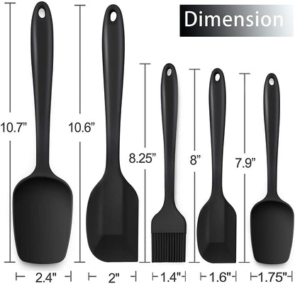 we3 Silicone Spatula Set 5-Piece - 600ºF Heat-Resistant Baking Spoon Spatula with Stainless Steel Core (Black)
