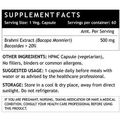 INLIFE Brahmi/Bacopa Monnieri Extract Tablet Supplement, 500 mg – 60 Veg Capsules