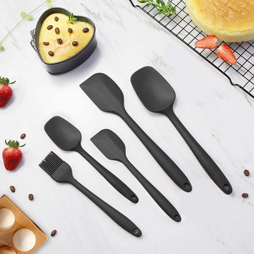 we3 Silicone Spatula Set 5-Piece - 600ºF Heat-Resistant Baking Spoon Spatula with Stainless Steel Core (Black)