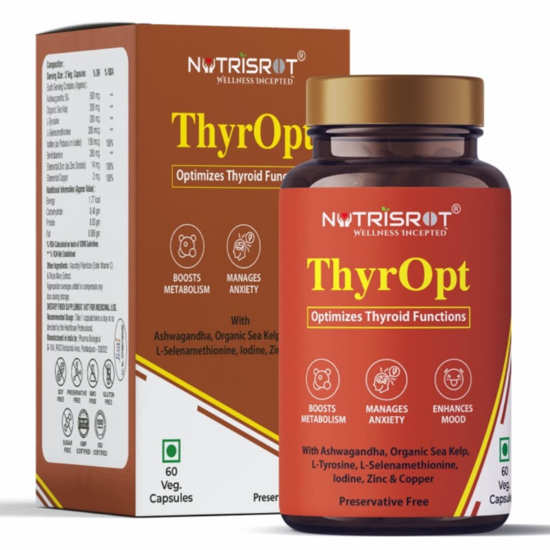 NUTRISROT? ThyrOpt Thyroid Supplement with Organic Sea Kelp & Ashwagandha, Support Optimized Thyroid Functions, Metabolism & Mood Booster(60 veg caps)