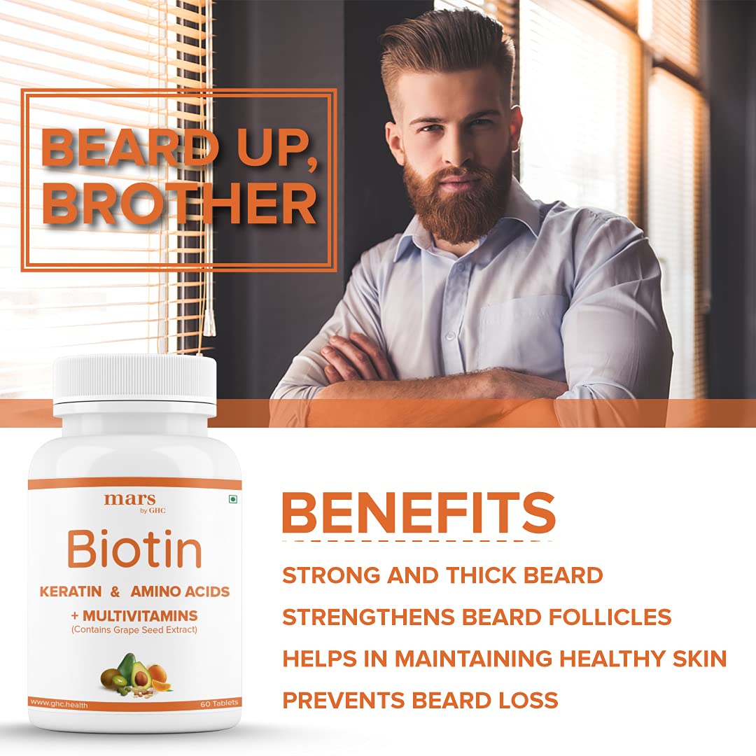 mars by GHC Beard Biotin- 100% Vegan, 60 Tablets (Pack of 1) | Promotes Stronger & Thicker Beard Groin A, Vitamin E, Vitamin B7, Keratin & Amino Acids