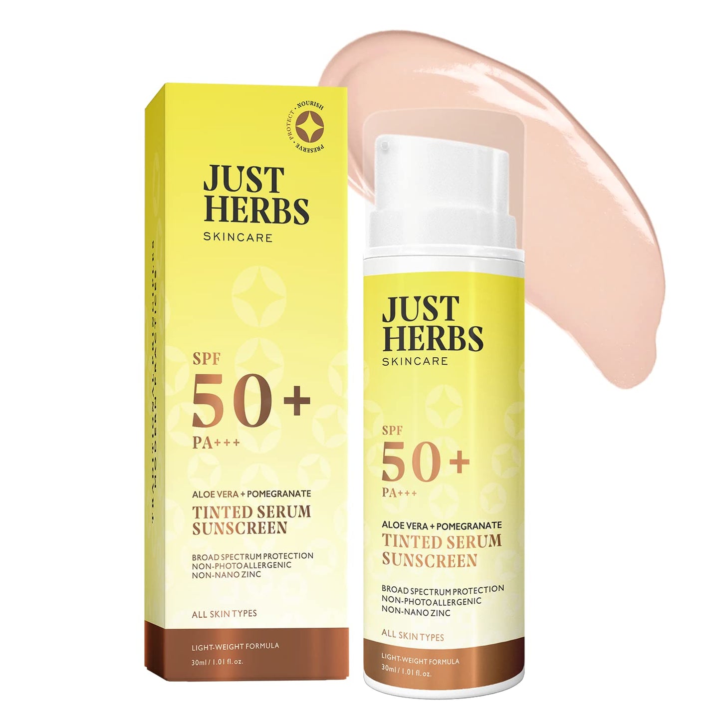 Just Herbs Tinted Sunscreen SPF 50+ PA++++ UVA/UVB Protection for Oily, Dry Skin, No White Cast for Men and Women - 30 ml