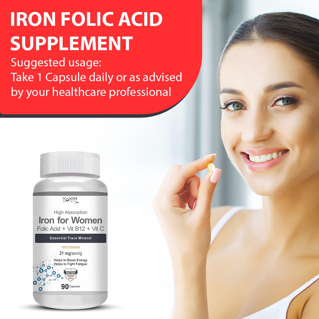 Vokin Biotech Iron Supplement for Women -100% Chelated - With Vitamin B12, Folic Acid & Vitamin C for High Absorption (90 Veg Capsules)