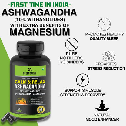 GREENDORSE High Absorption Magnesium Glycinate 550mg with Ashwagandha 10% Withanolides, Probiotics |t, Improved Athletic Performance - 60 Veg Capsules