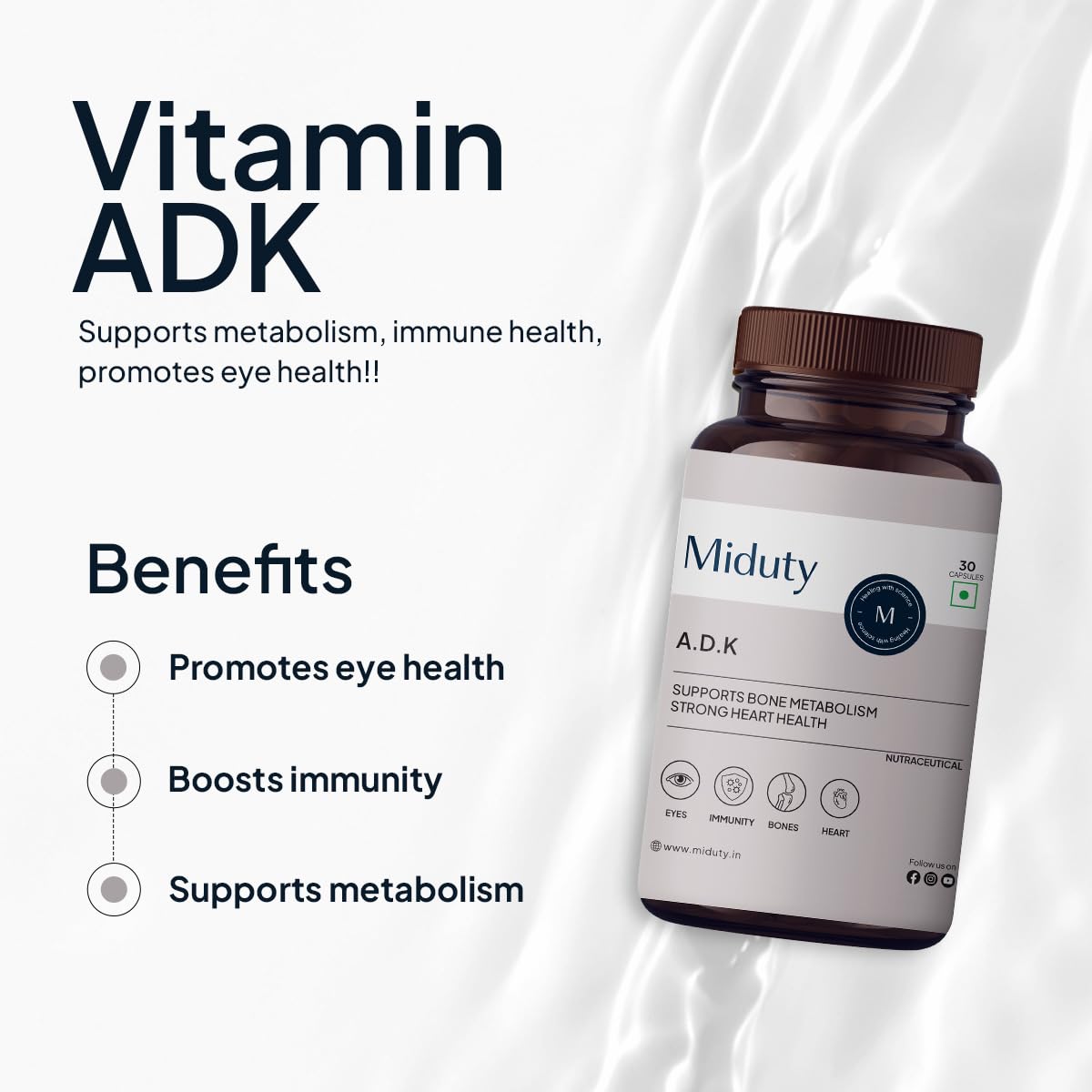 Miduty Vitamin ADK - Multivitamin - Contains Vitamin A - D3 - K2 - Boost Immunity - Stronger Bones -t - Immunity Booster Capsule - Pack of 30 Capsules